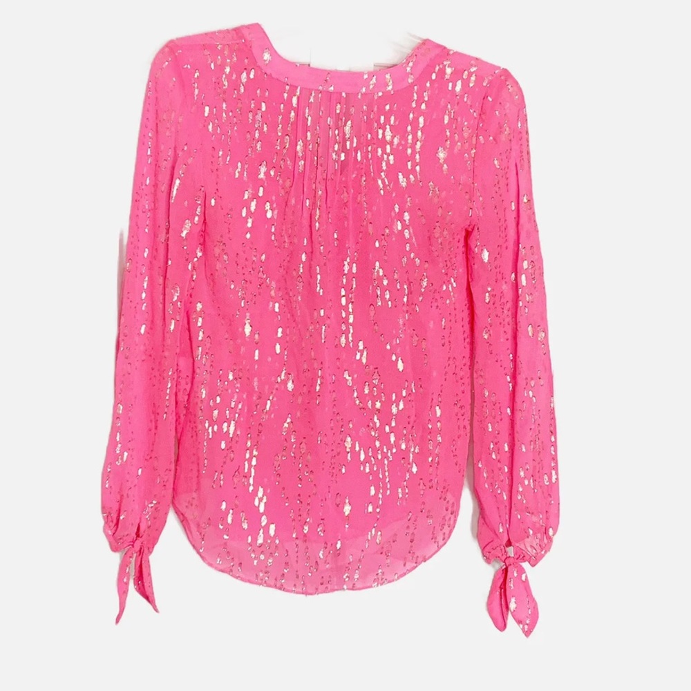 Lilly Pulitzer COLBY SILK CLIP TOP Neon Pink Gold Metallic Soleil Blouse Size L